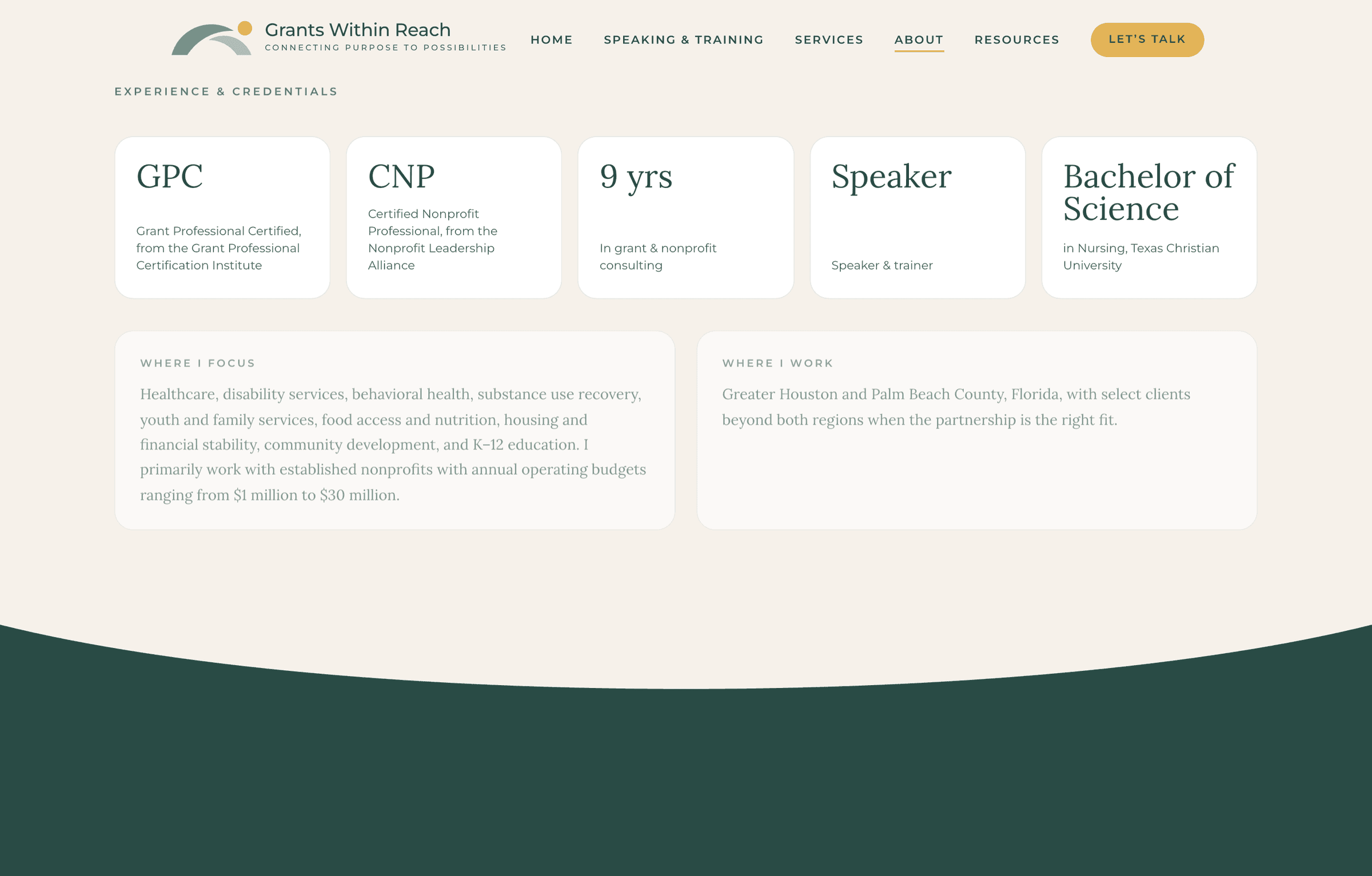 Grants Within Reach – experience and credentials cards on the About page