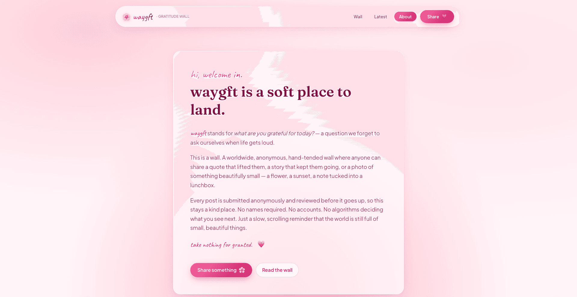 WAYGFT — about page v3 (soft-landing philosophy of the gratitude wall)