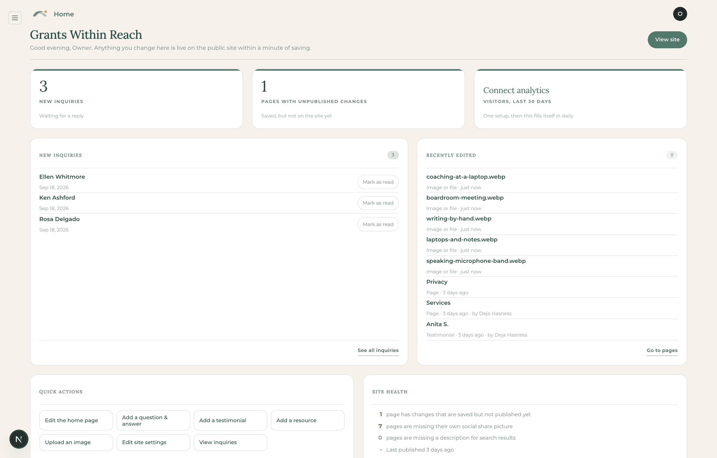 Grants Within Reach – the owner dashboard in the Payload admin