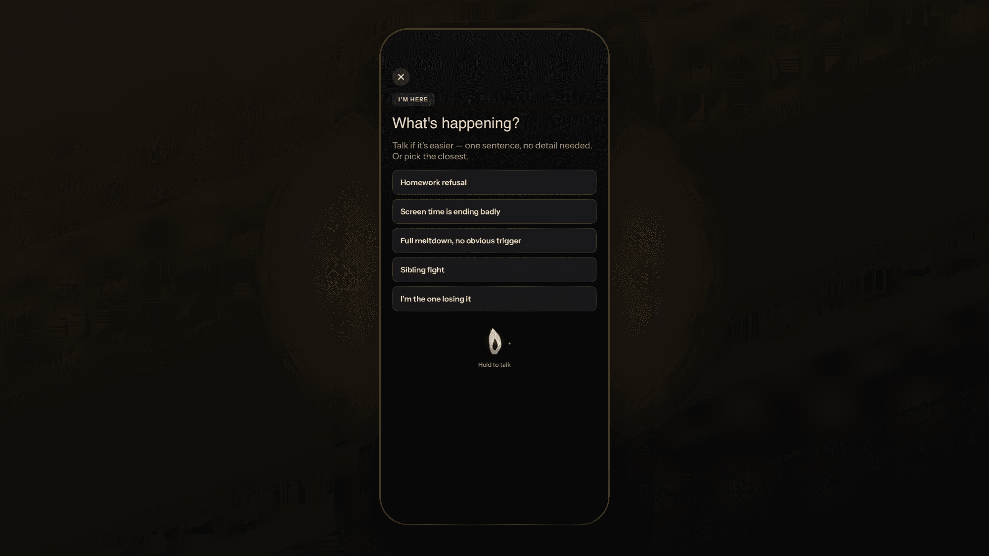 Prometheus Ember: the hard-moment flow, one tap or one spoken sentence to start