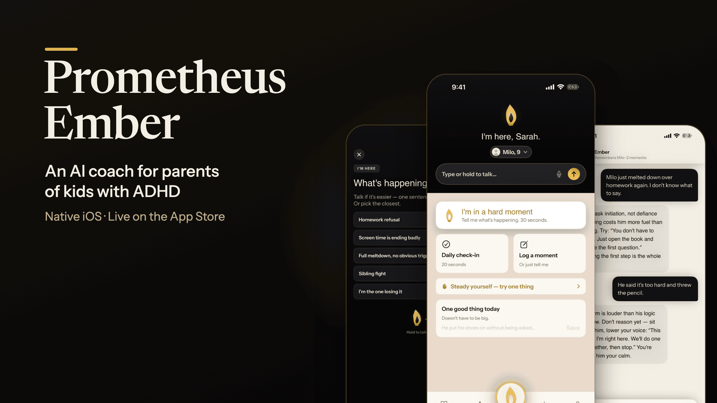 Prometheus Ember hero: the hard-moment picker, the Coach home screen and an Ember chat (3-up composite)