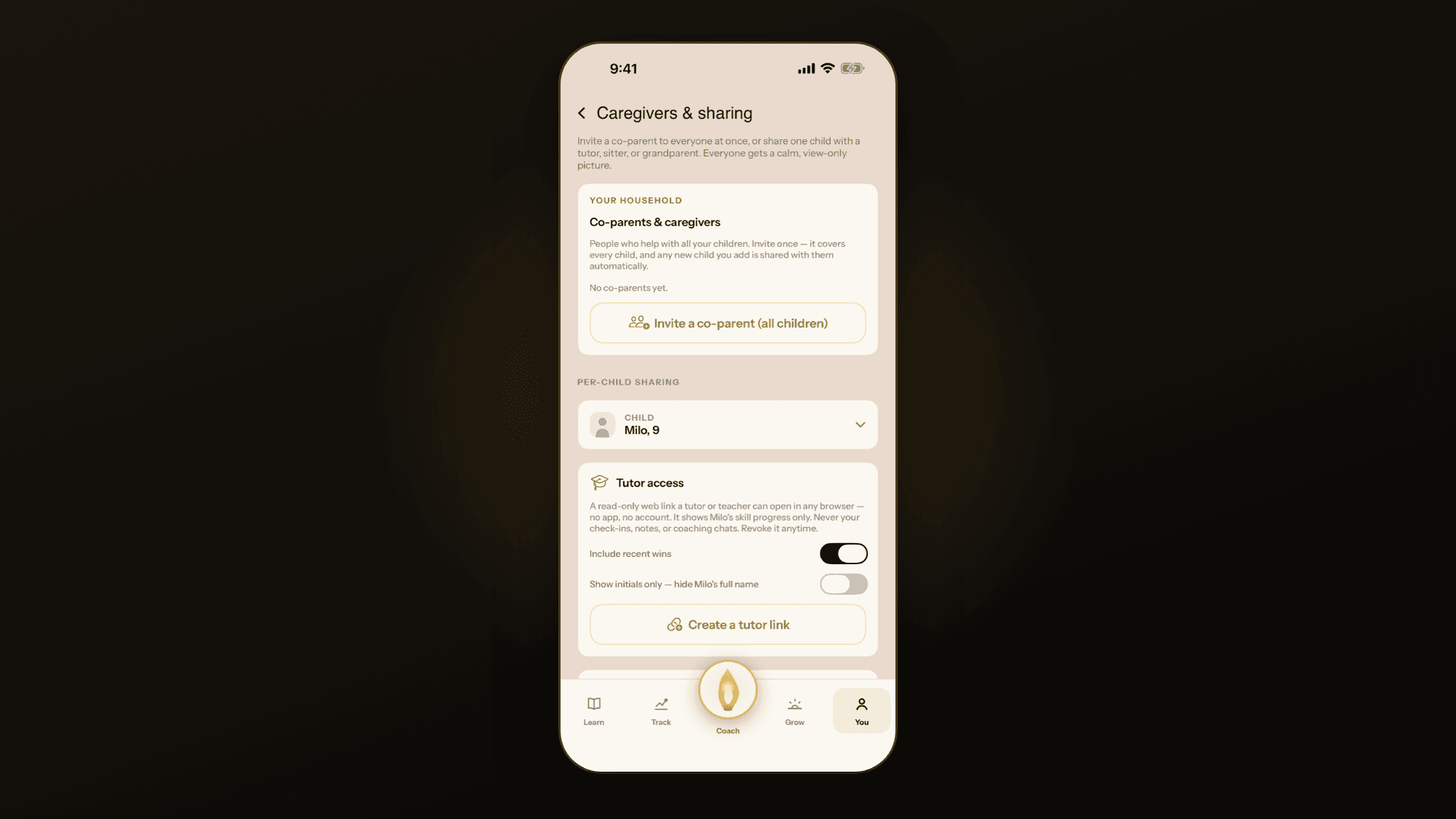 Prometheus Ember: Caregivers and sharing, with co-parent invites and a read-only tutor link