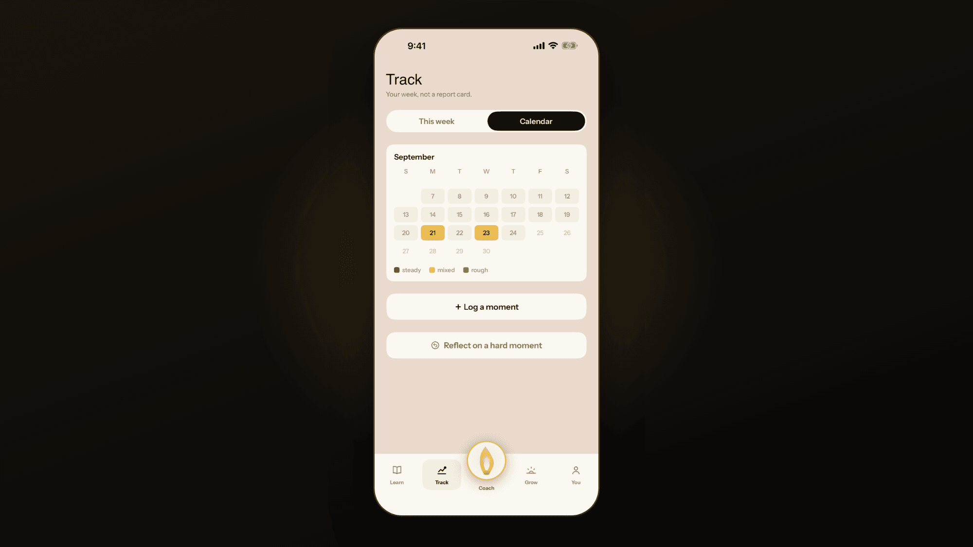 Prometheus Ember: the Track calendar, days tinted steady, mixed or rough
