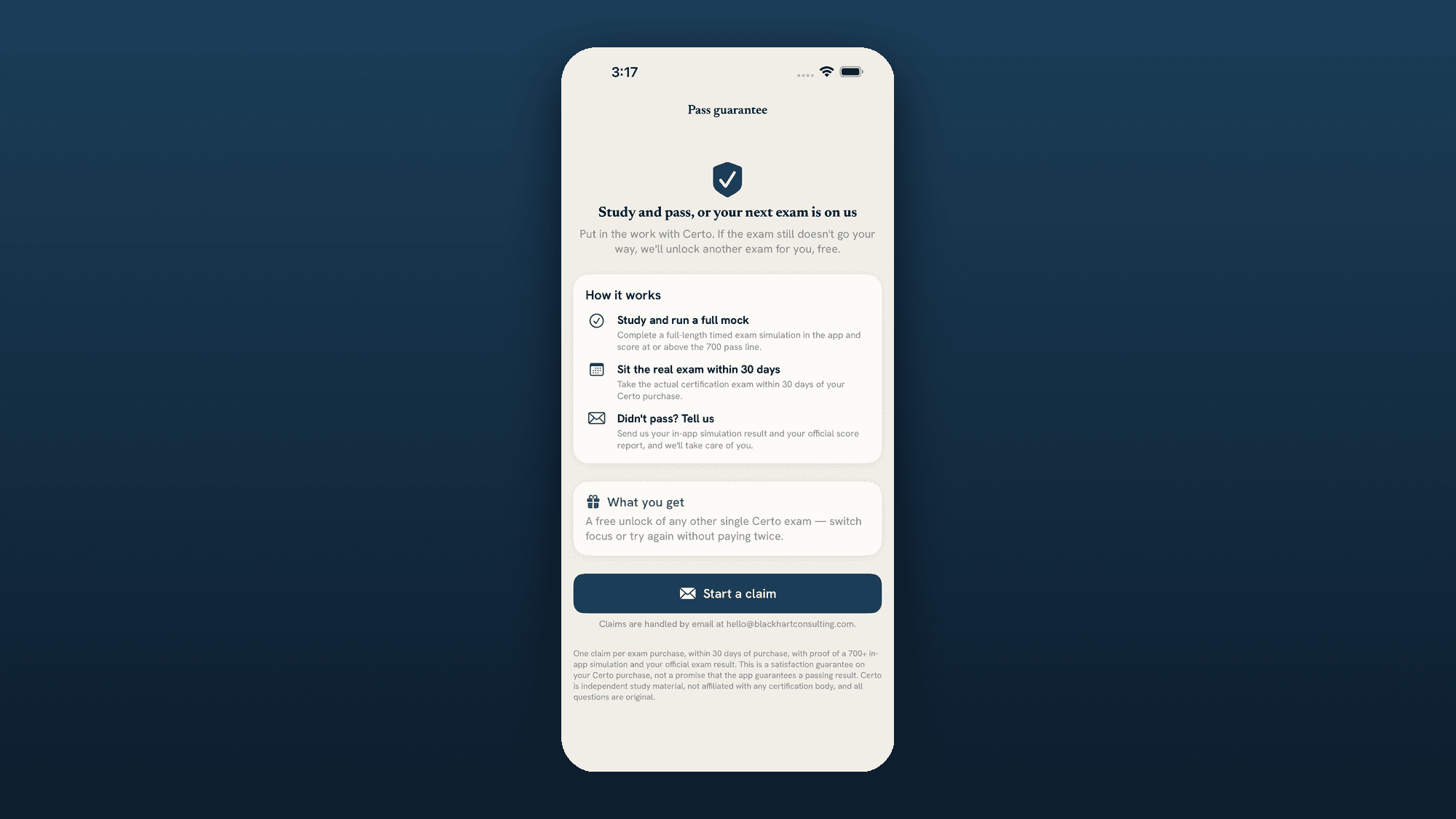 Certo — the readiness-gated pass guarantee screen