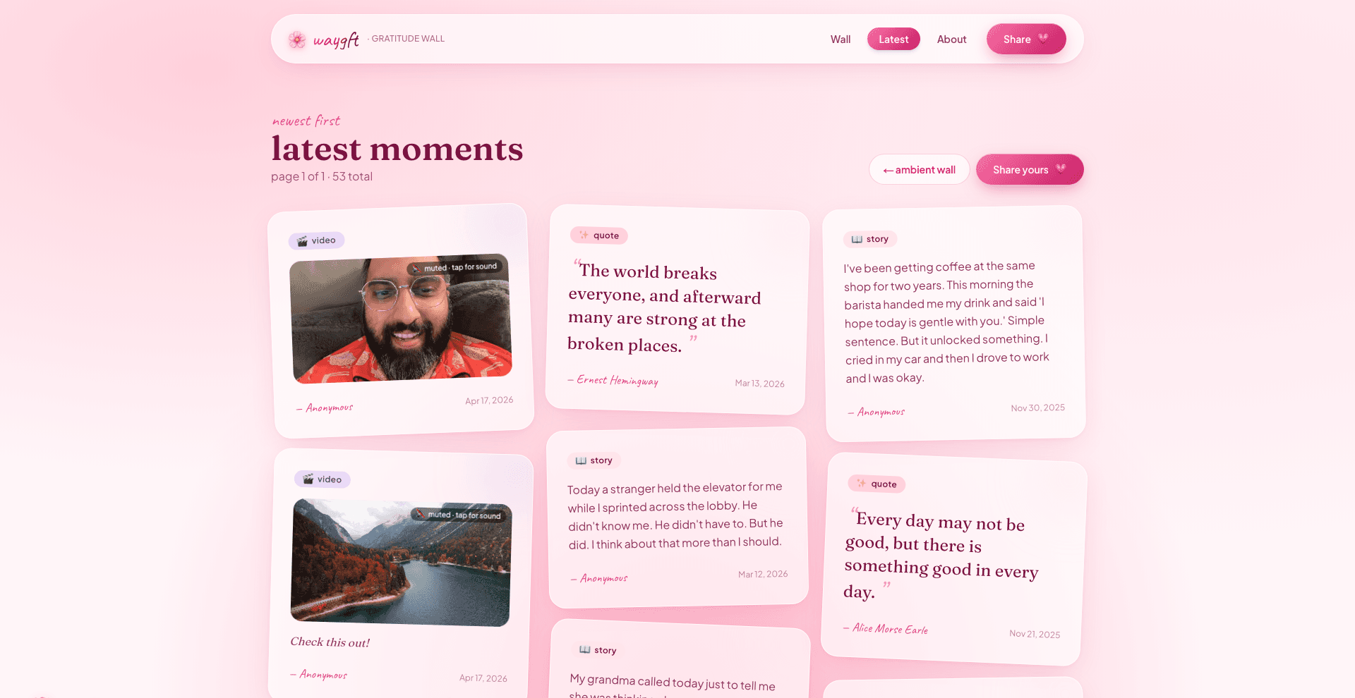 WAYGFT — latest moments page v3b (3-column masonry wall, cropped bottom bar)
