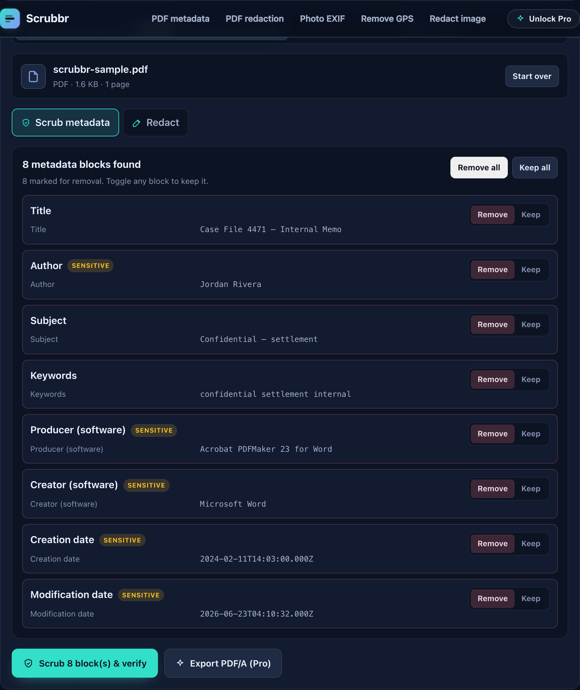Scrubbr — metadata inspection panel