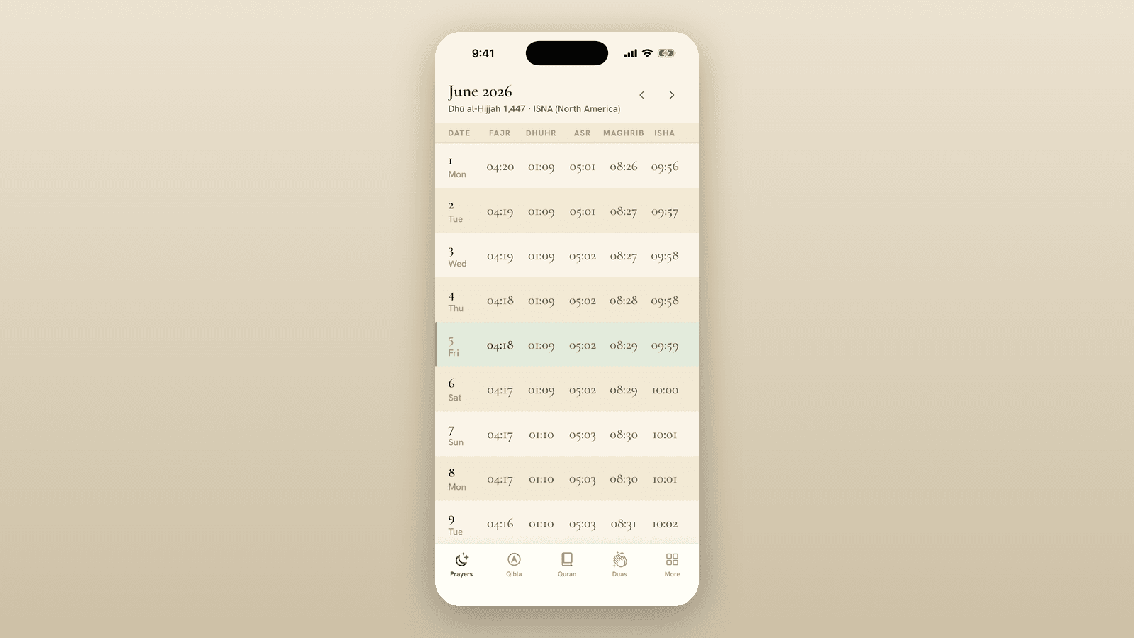 Misbah — full-month prayer timetable with region-aware calculation methods