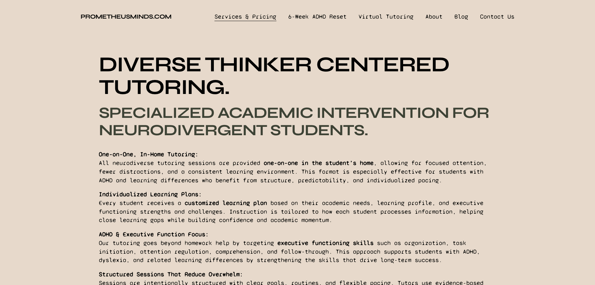 Prometheus Minds — legacy Squarespace services page v3 (wall-of-text caps)