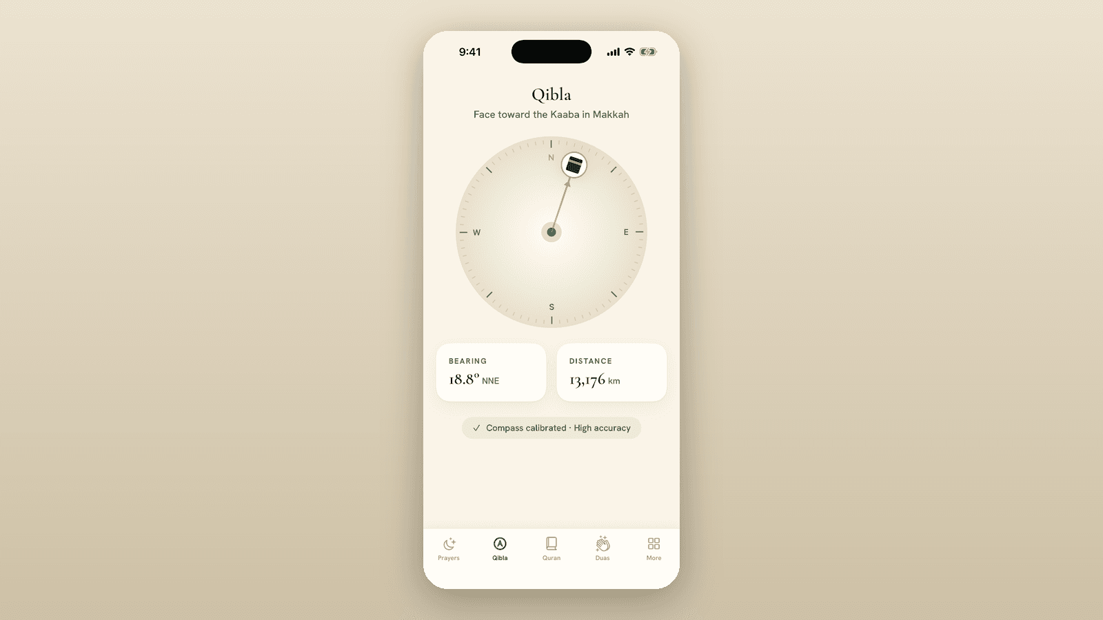 Misbah — Qibla compass with live bearing and distance to the Kaaba in Makkah