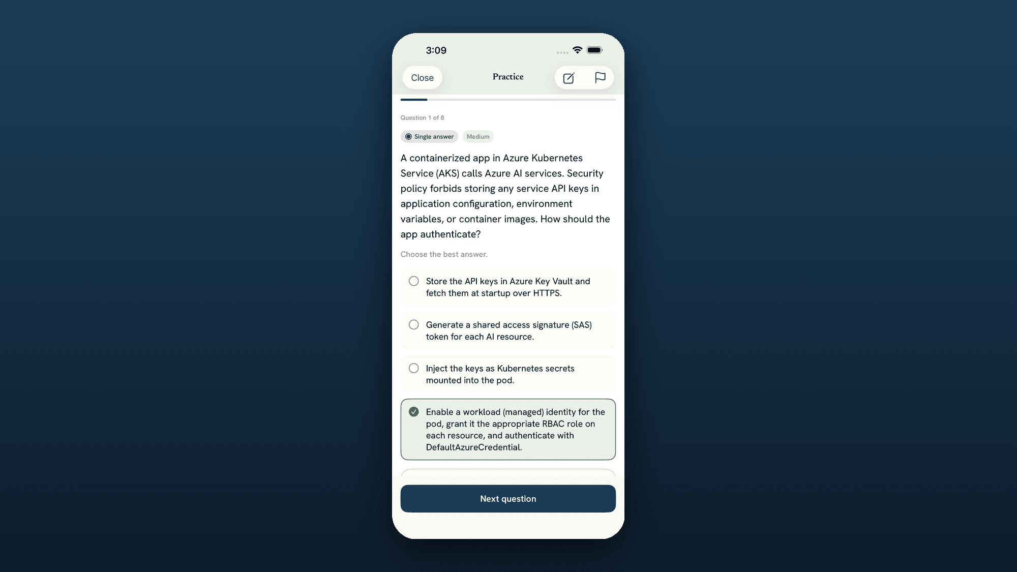 Certo — an original scenario question graded in place, with the correct answer highlighted