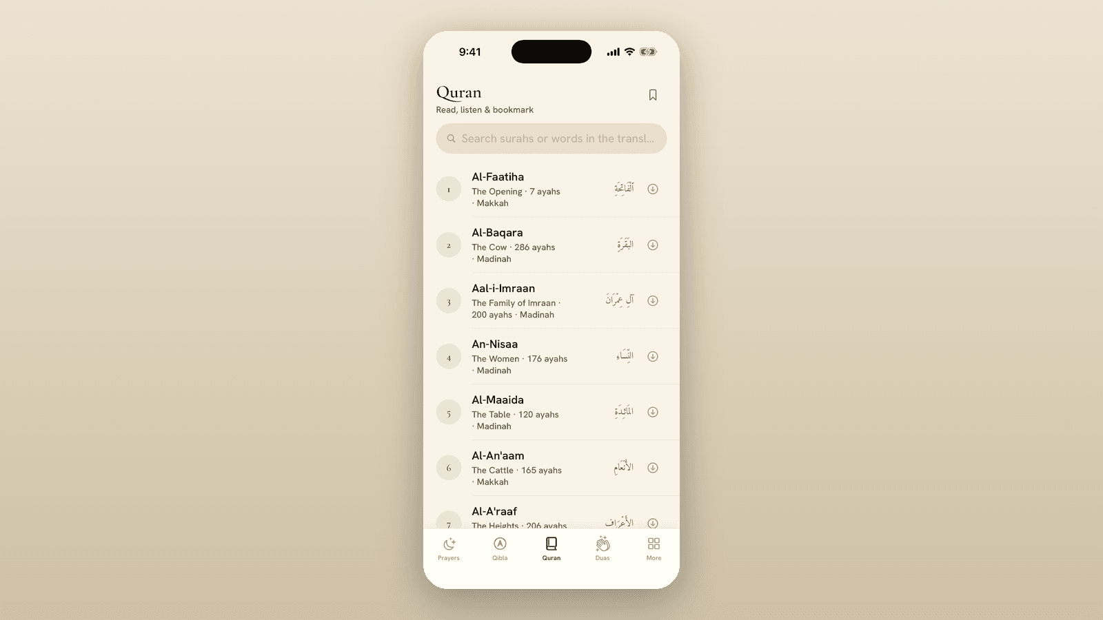Misbah — full offline Quran: searchable surah list with per-surah recitation downloads