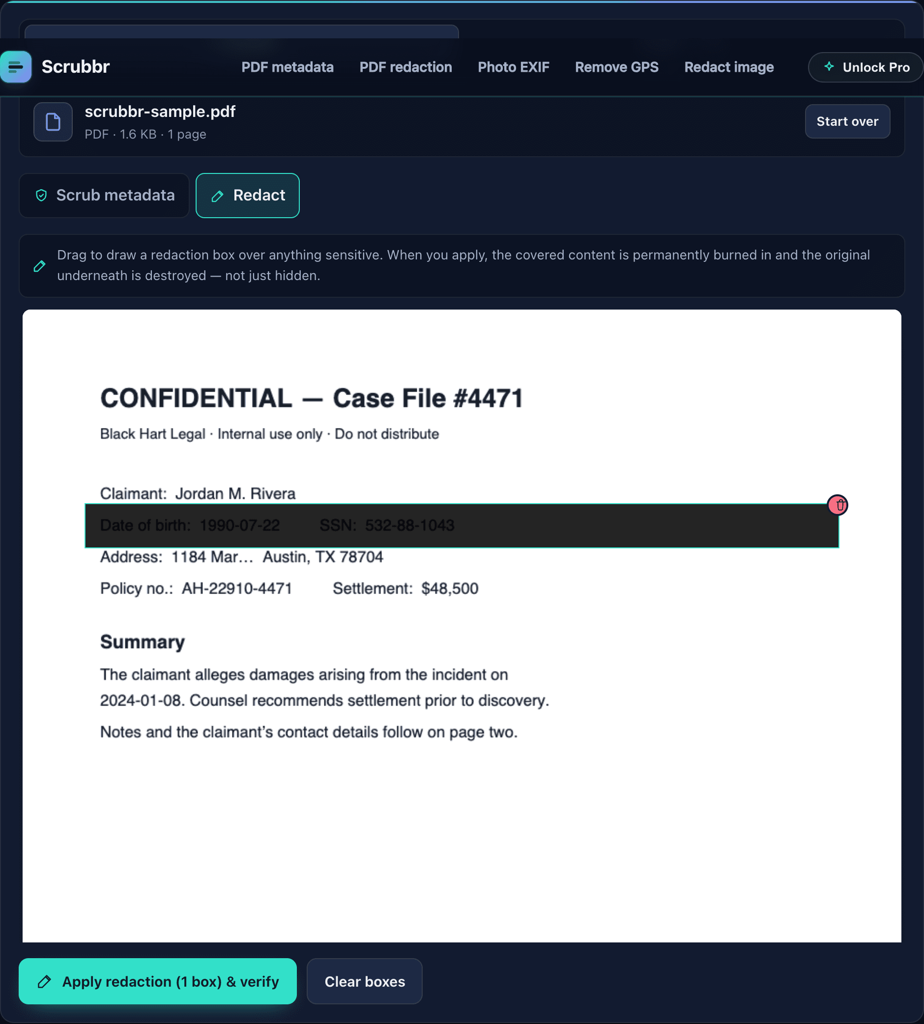 Scrubbr — true PDF redaction canvas