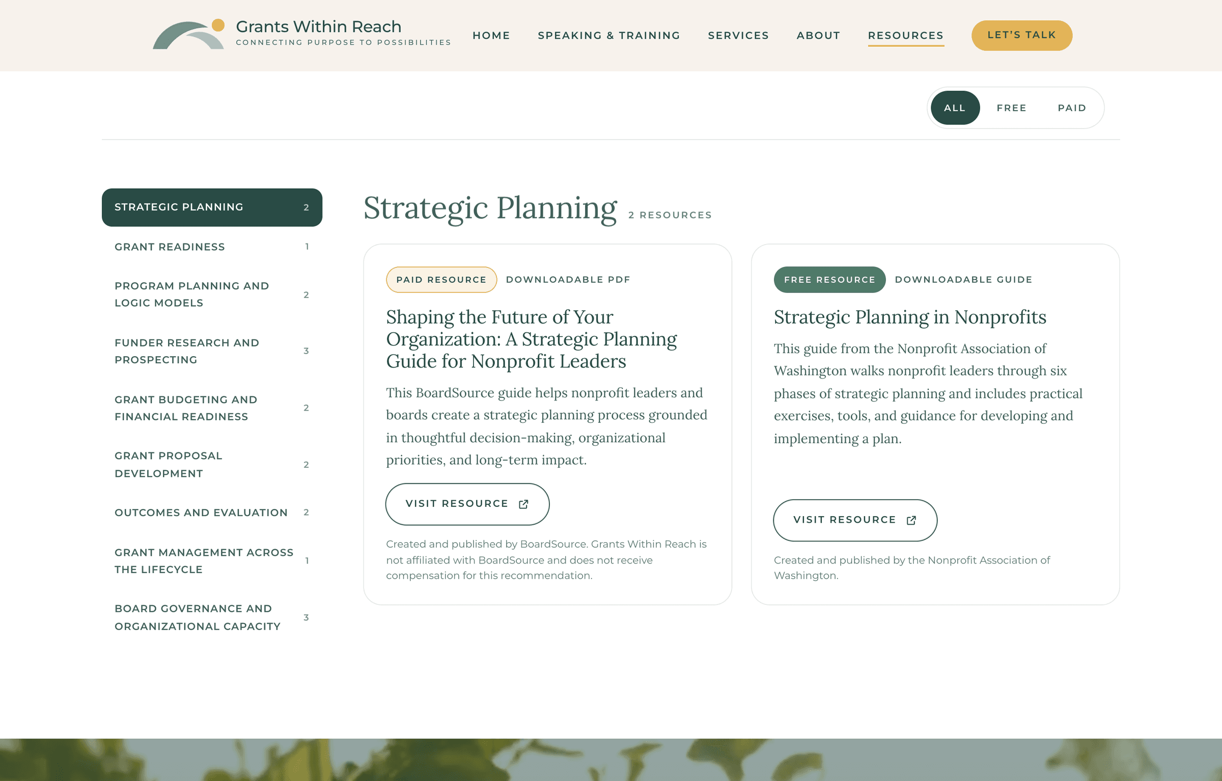 Grants Within Reach – the resource library category menu with its cost filter