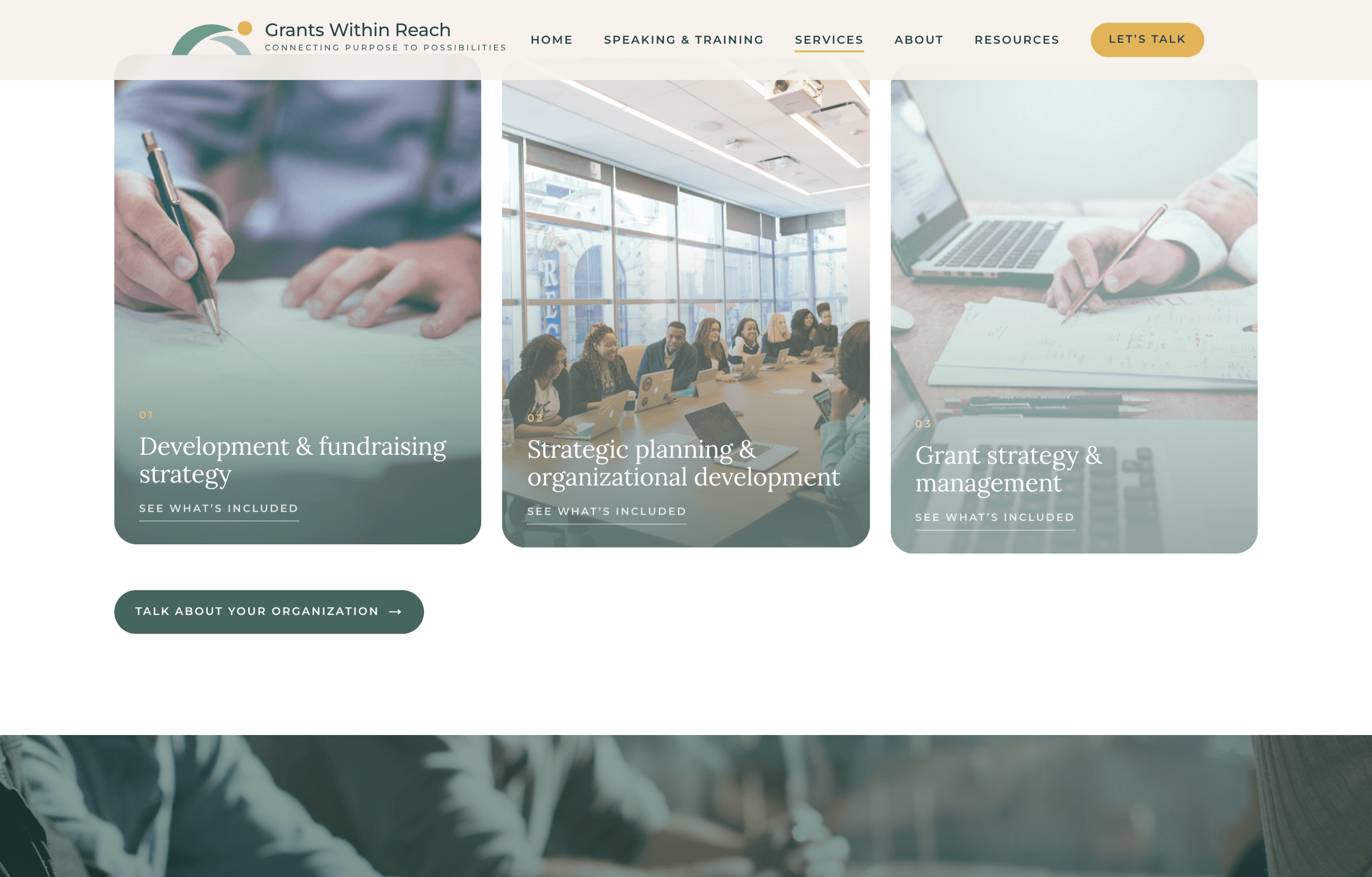 Grants Within Reach – the three nonprofit service cards on the Services page