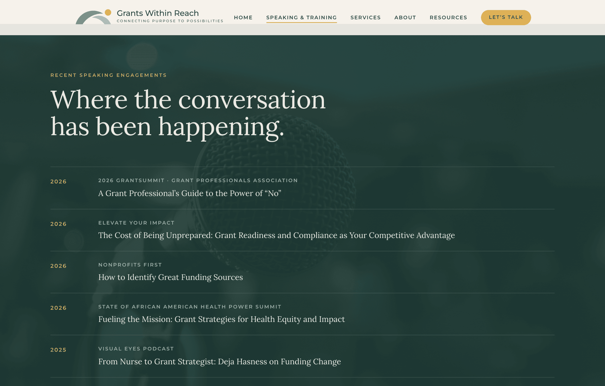 Grants Within Reach – recent speaking engagements on the Speaking & Training page