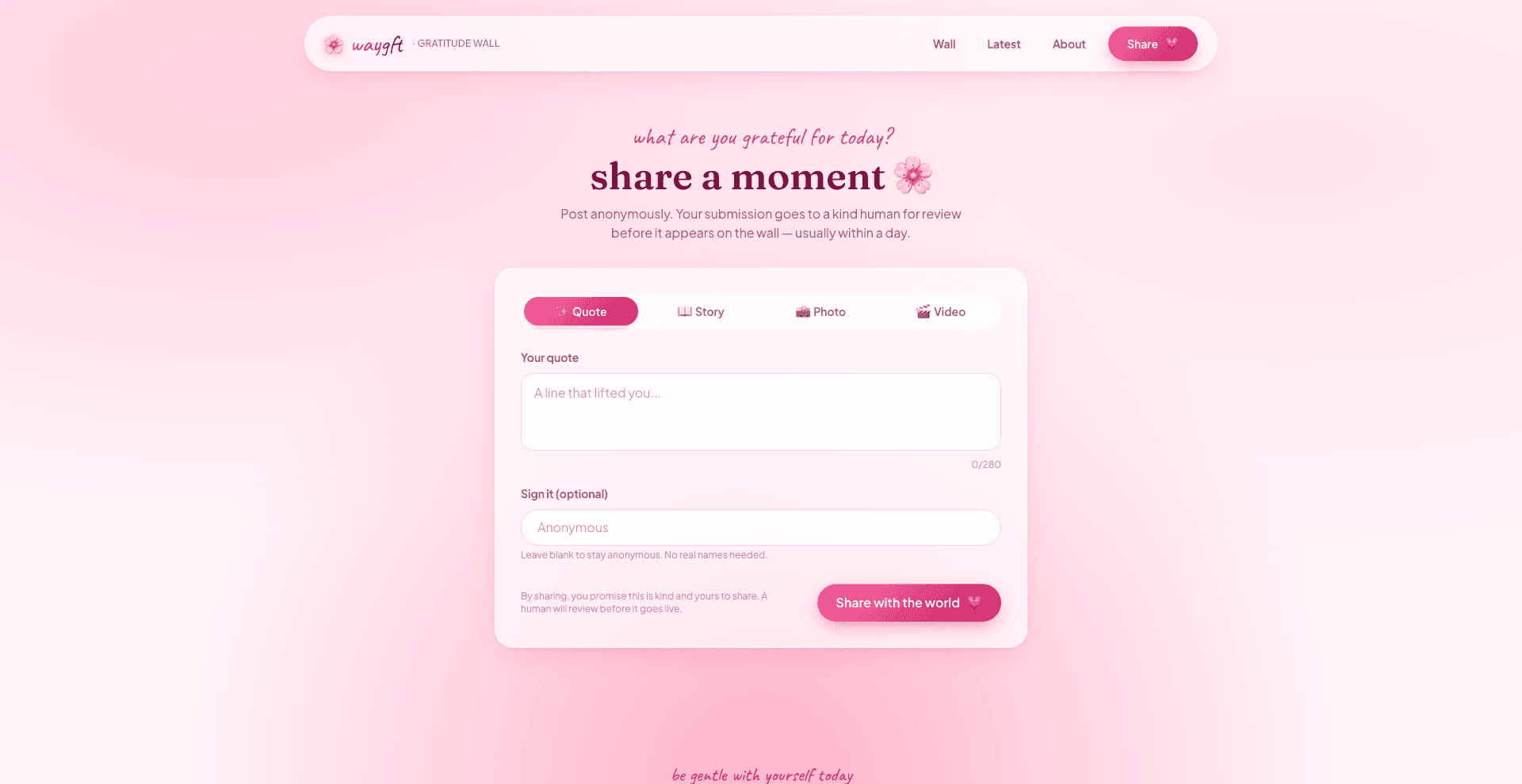 WAYGFT — submission form v3 (four content types: quote, story, photo, video)
