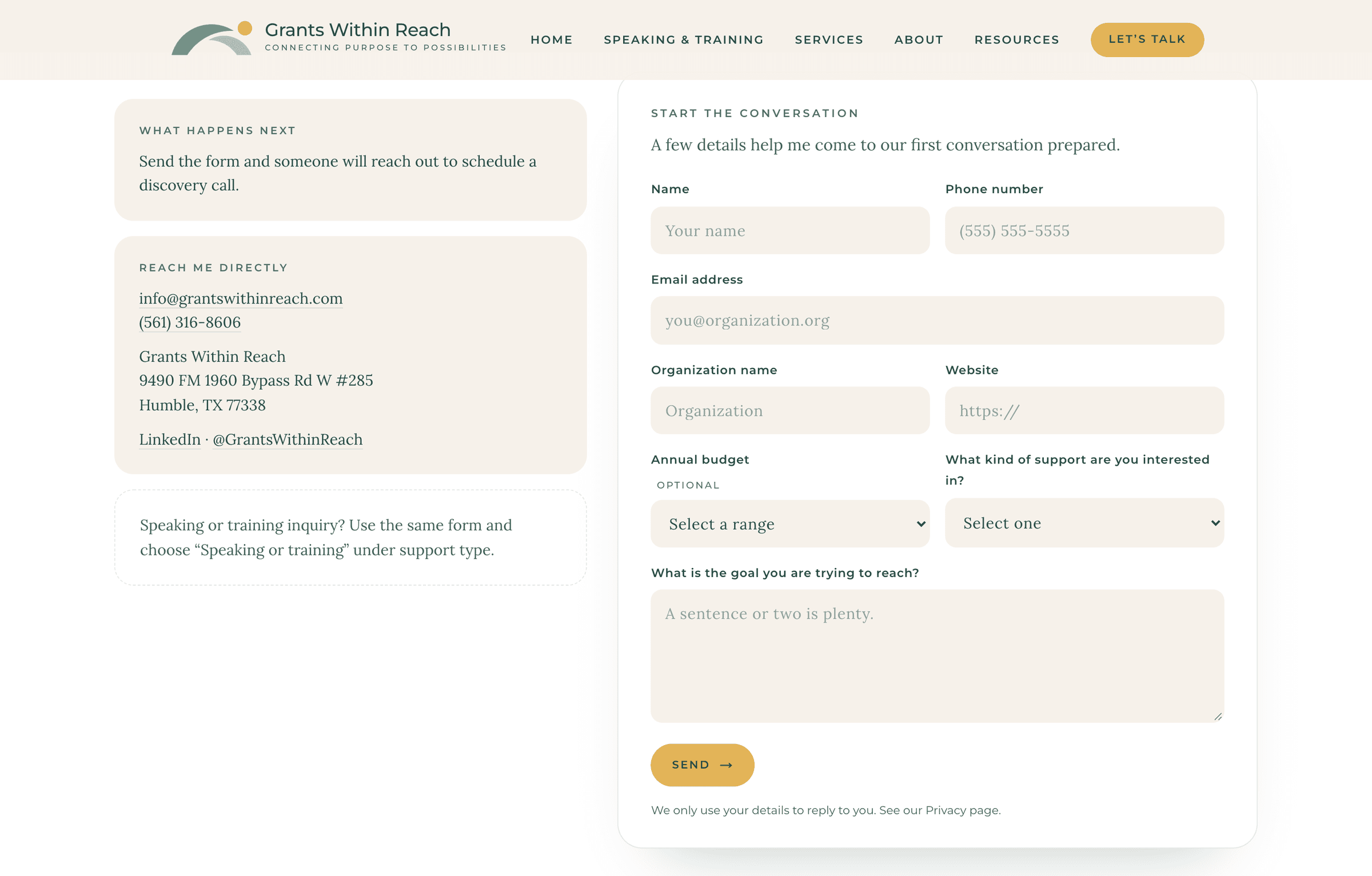 Grants Within Reach – the inquiry form on the Work With Us page