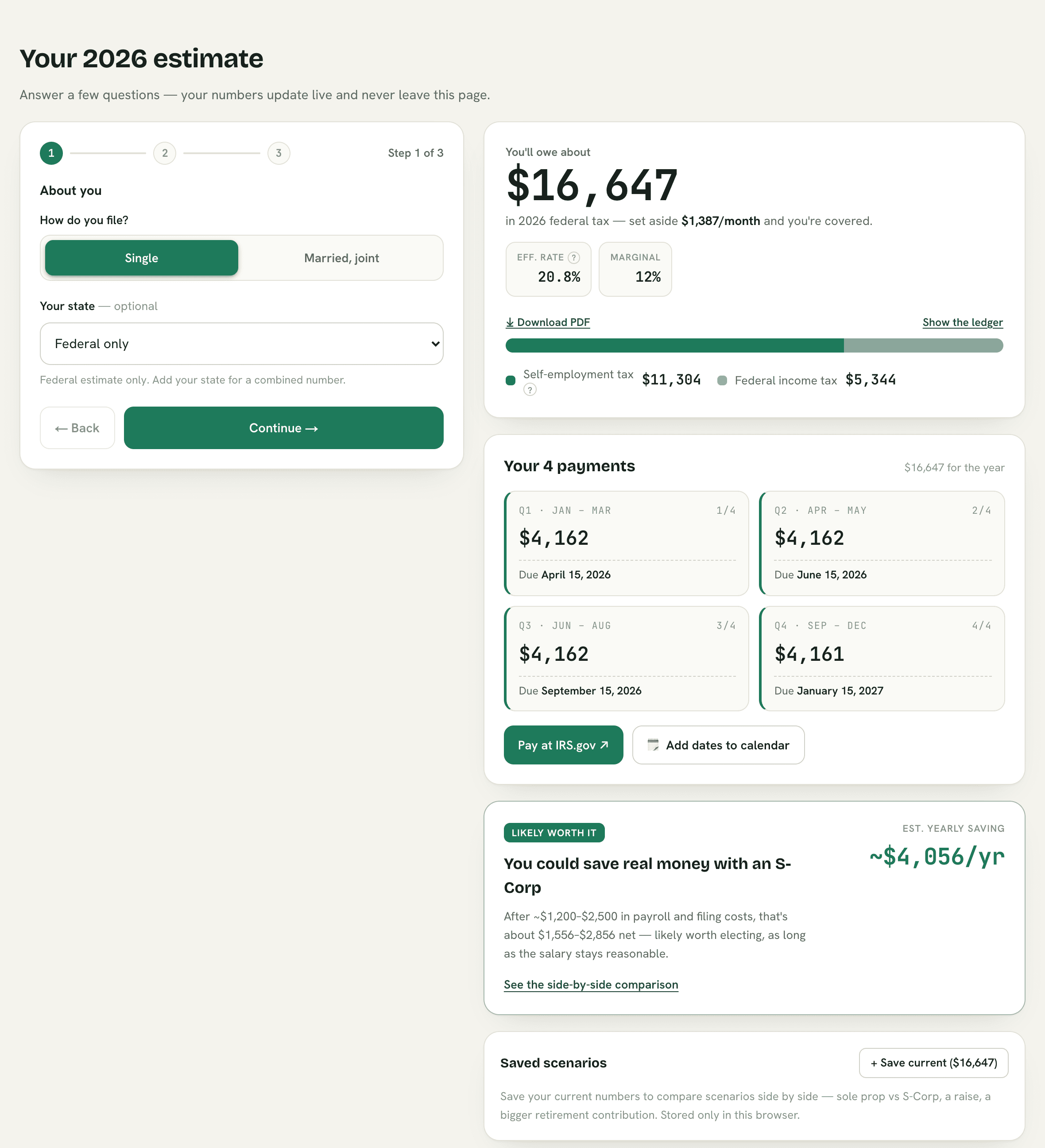 EstimatedTax — the guided calculator: federal + self-employment tax, effective rate, and four quarterly payments