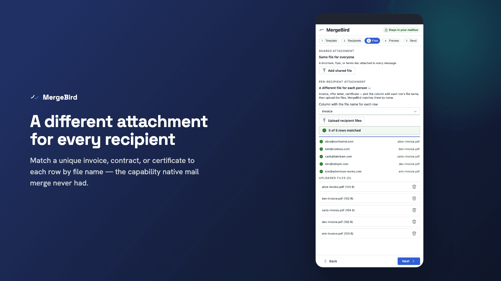 MergeBird per-recipient attachment matching, 5 of 5 rows matched