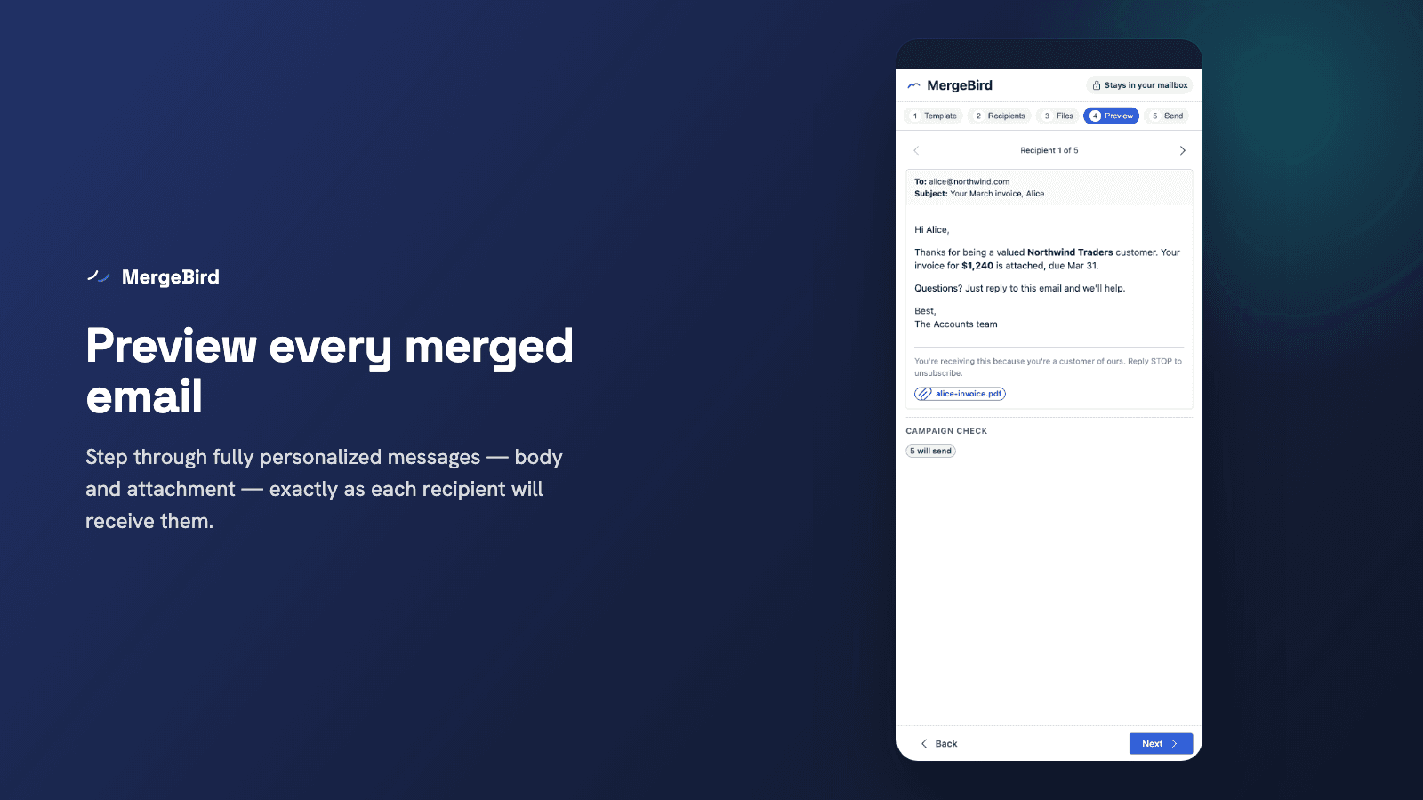MergeBird merged email preview with personalized body and attachment