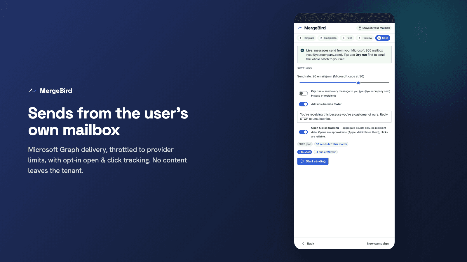 MergeBird send step — throttled Microsoft Graph delivery with open and click tracking