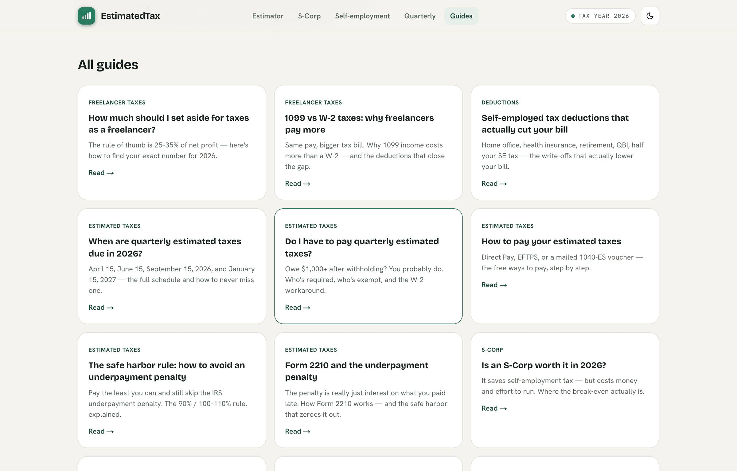 EstimatedTax — the guides hub: fifteen plain-language self-employed tax guides