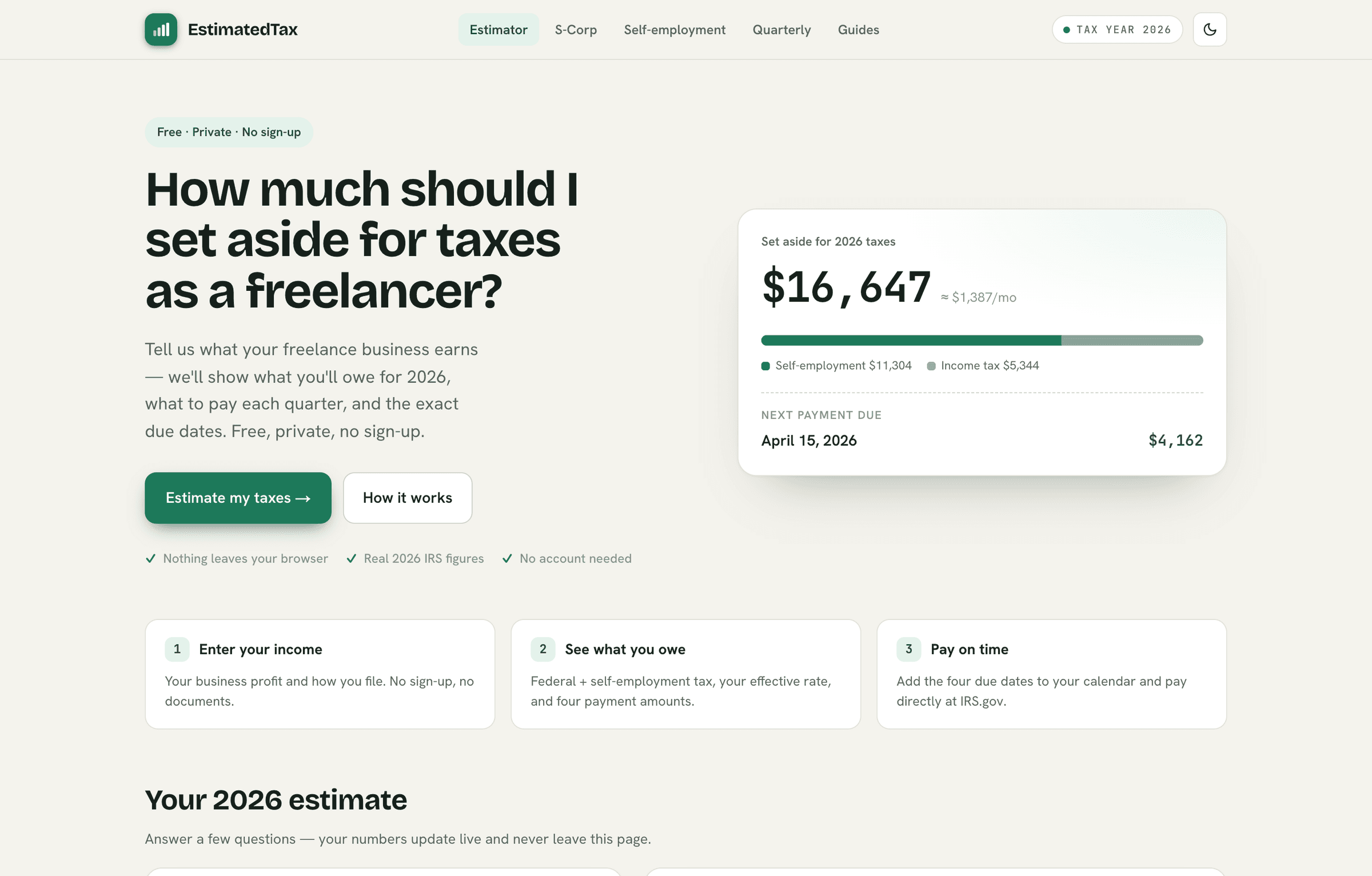EstimatedTax — homepage hero: the set-aside question beside a live 2026 estimate preview card