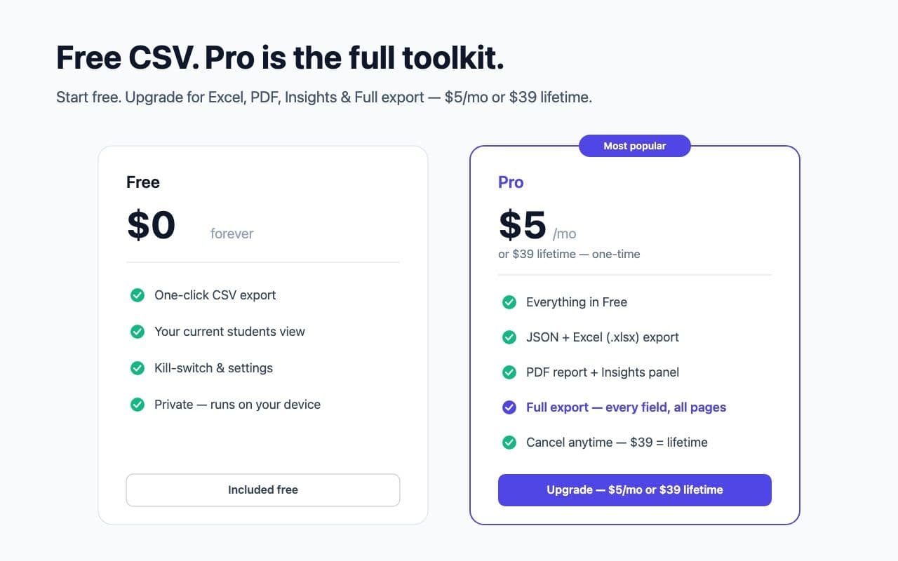 Sidecar for Teachable — free CSV, Pro unlocks the full toolkit