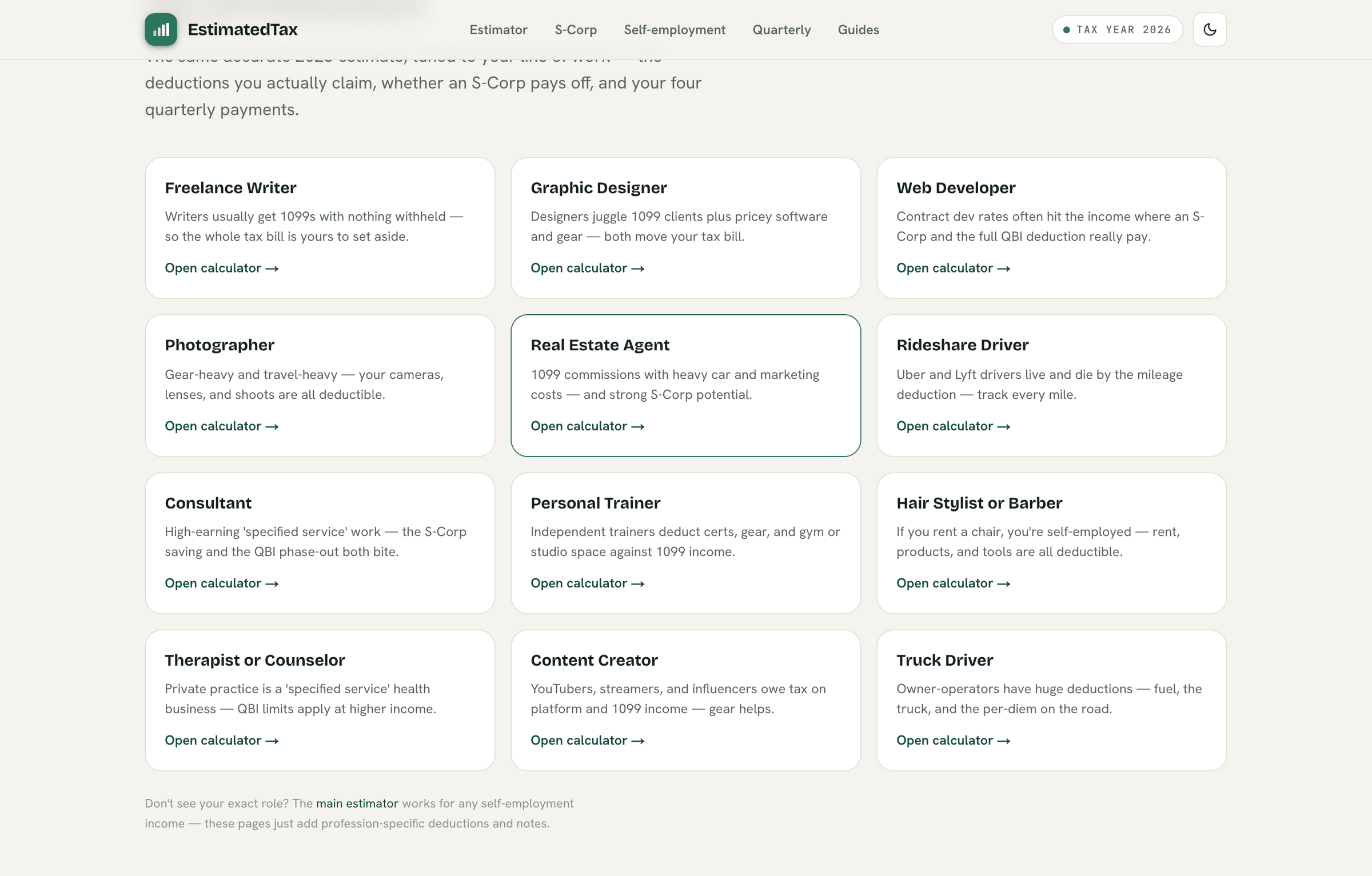 EstimatedTax — programmatic SEO: twelve profession-specific tax calculator pages