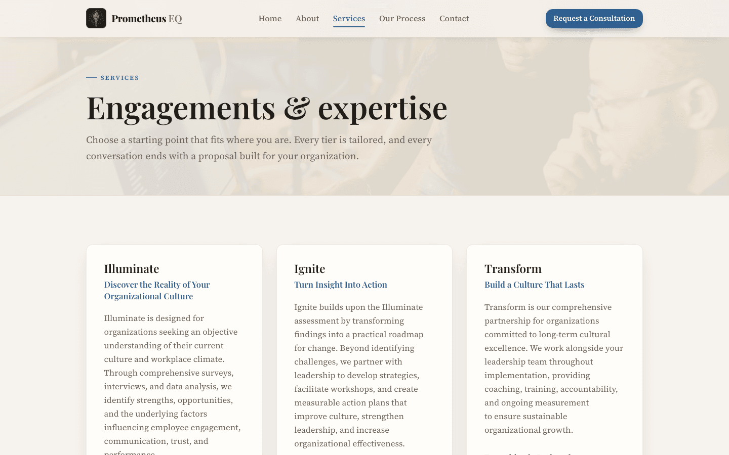 Prometheus EQ: Services page with the Illuminate, Ignite, Transform tiers