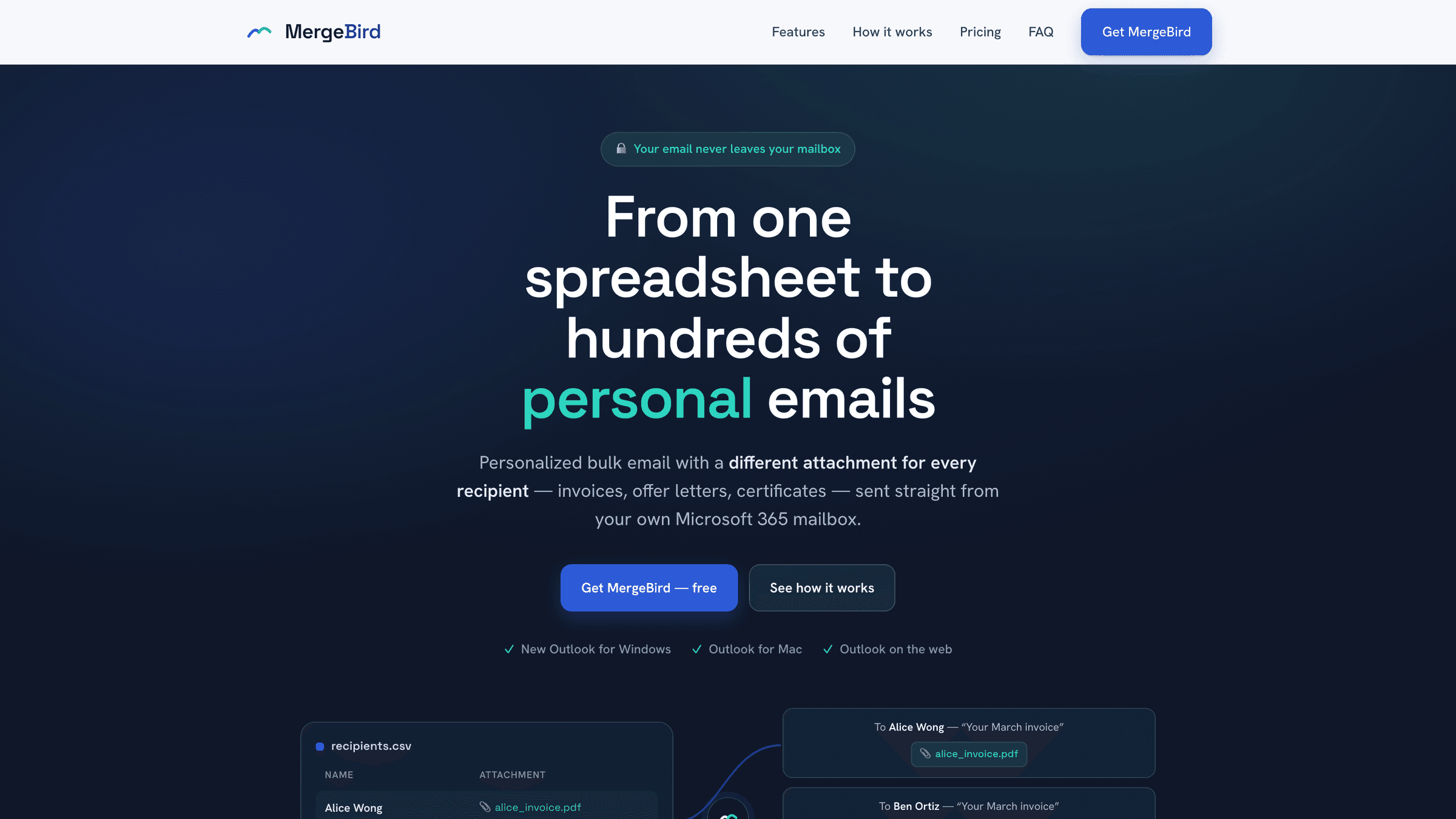 MergeBird marketing site homepage at mergebird.app