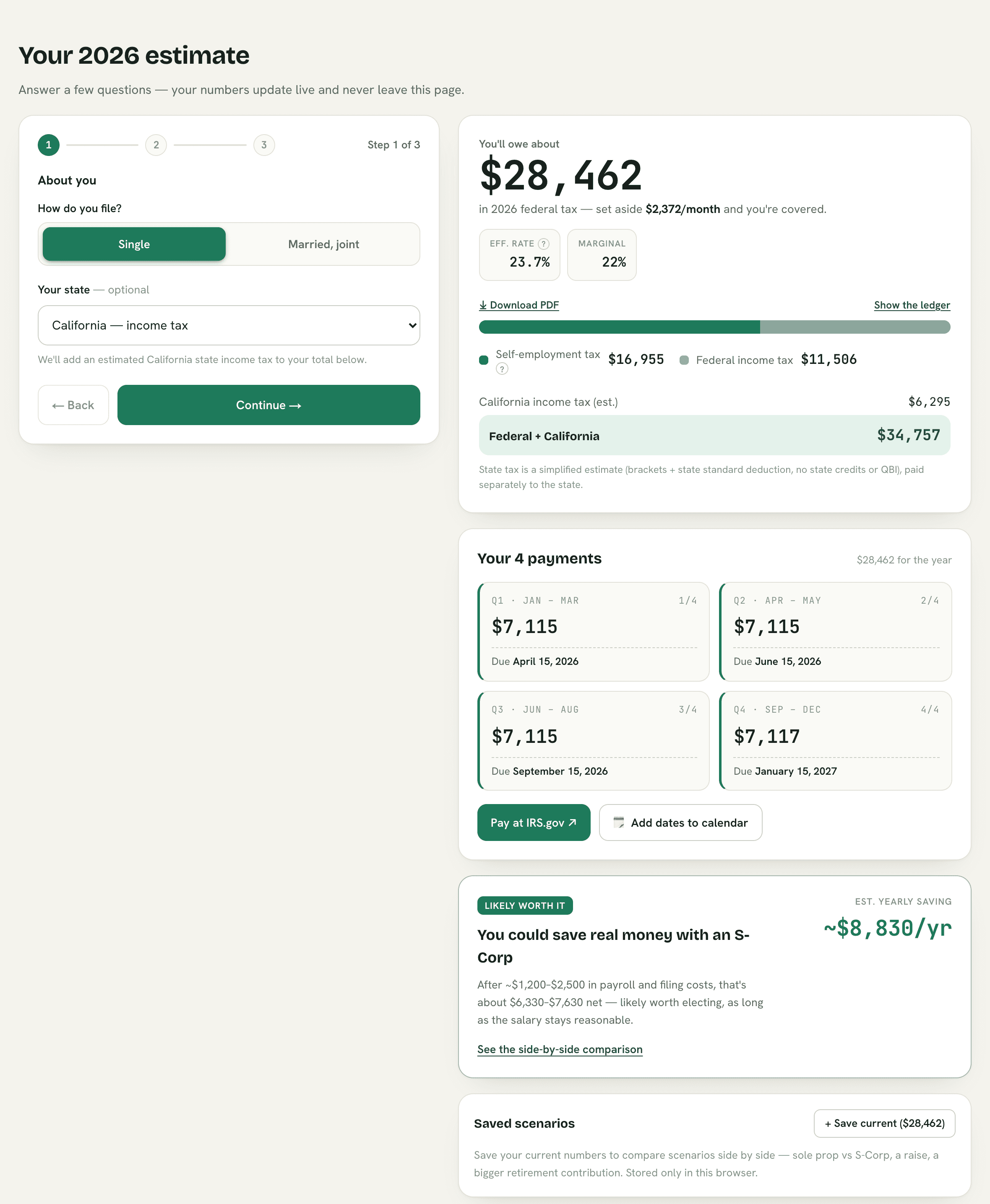 EstimatedTax — a per-state page (California) showing the combined federal + state estimate