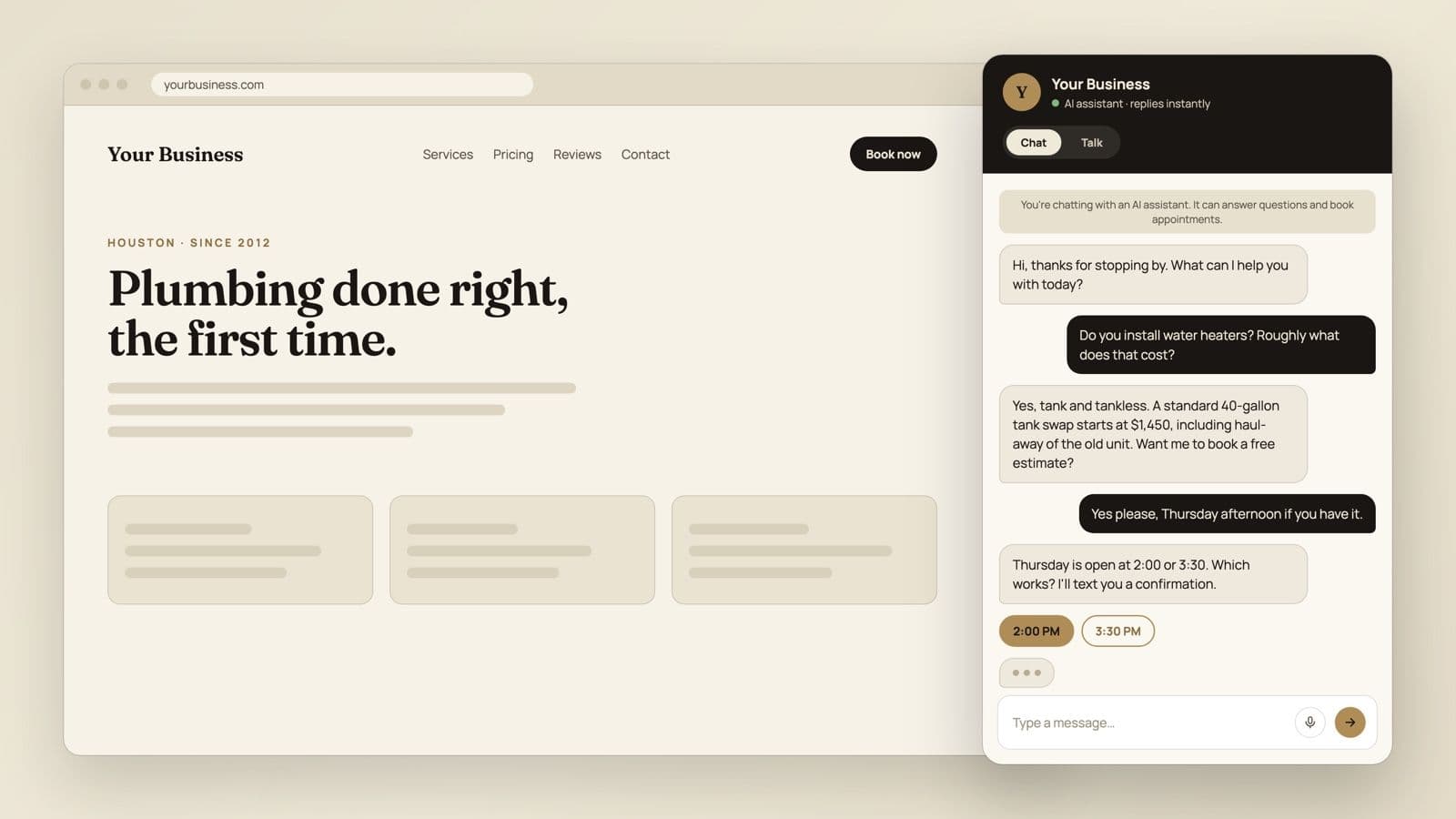 Sample AI Front Desk web chat: a chat window on a business website answering a price question and booking an estimate